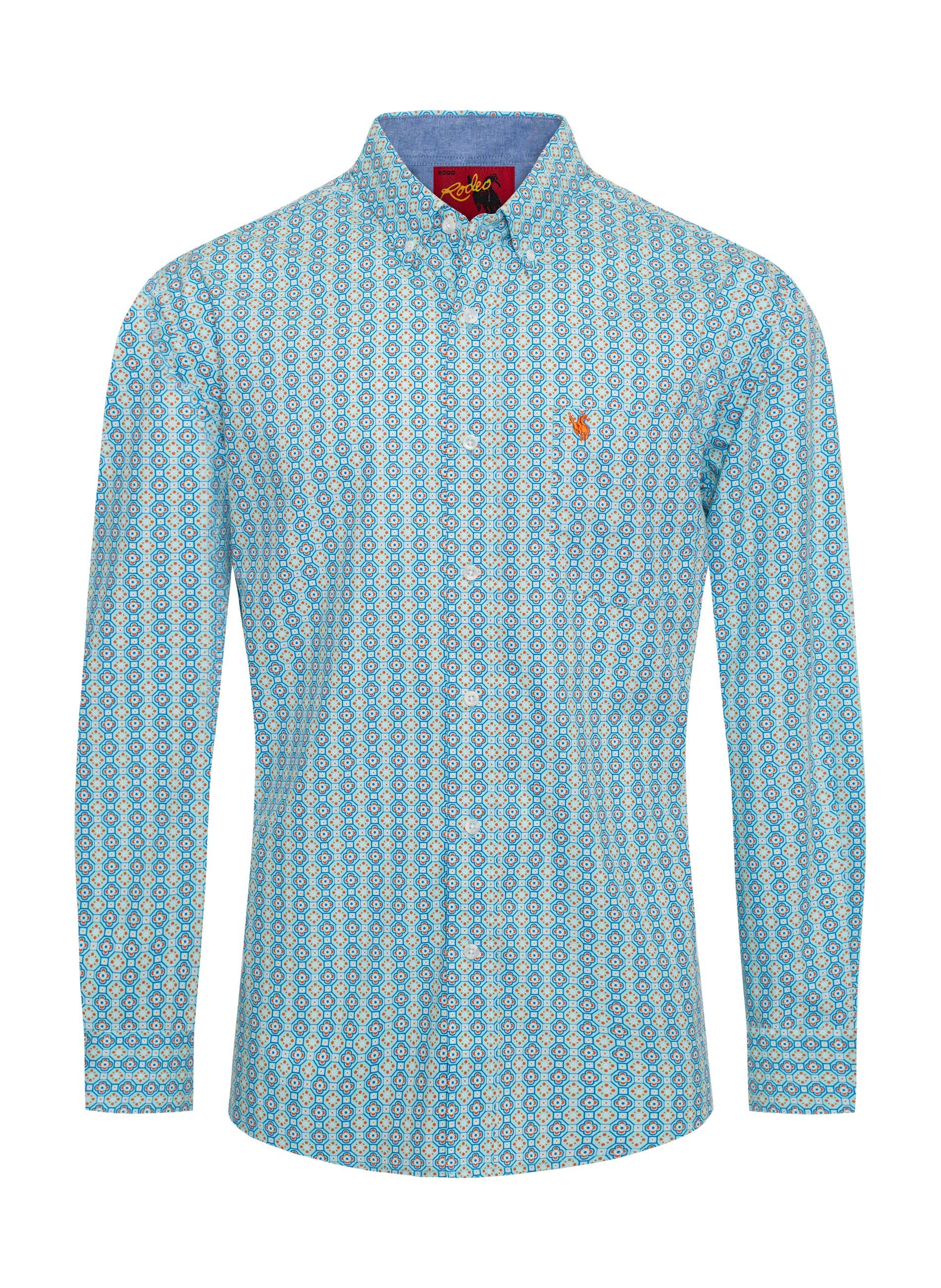 Men's Long Sleeve Rodeo Button Down Shirt 100% cotton. Blue Print