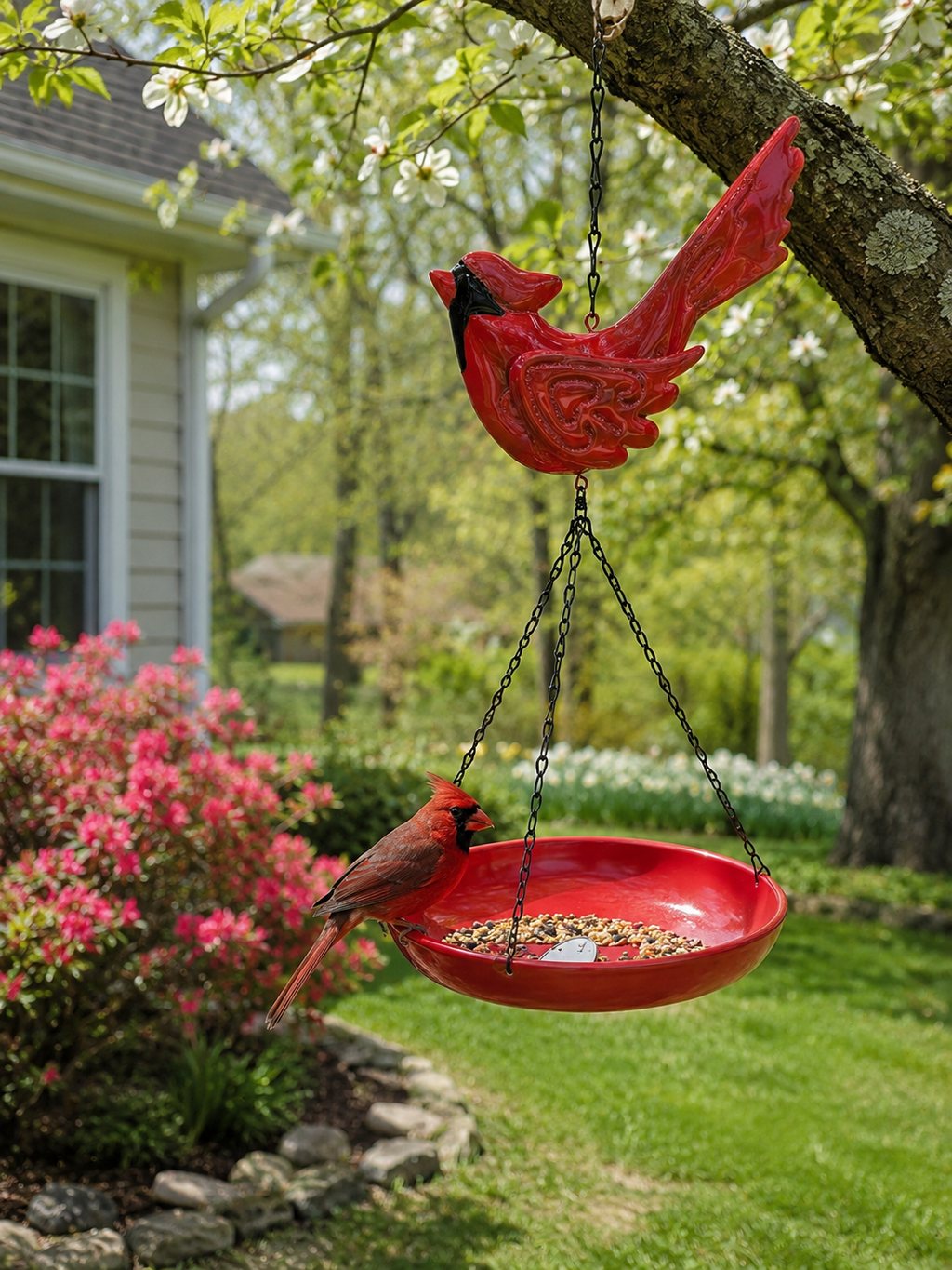 Red cardinal bird feeder hanging from a tree with a bird perched on it, looks great in a garden.