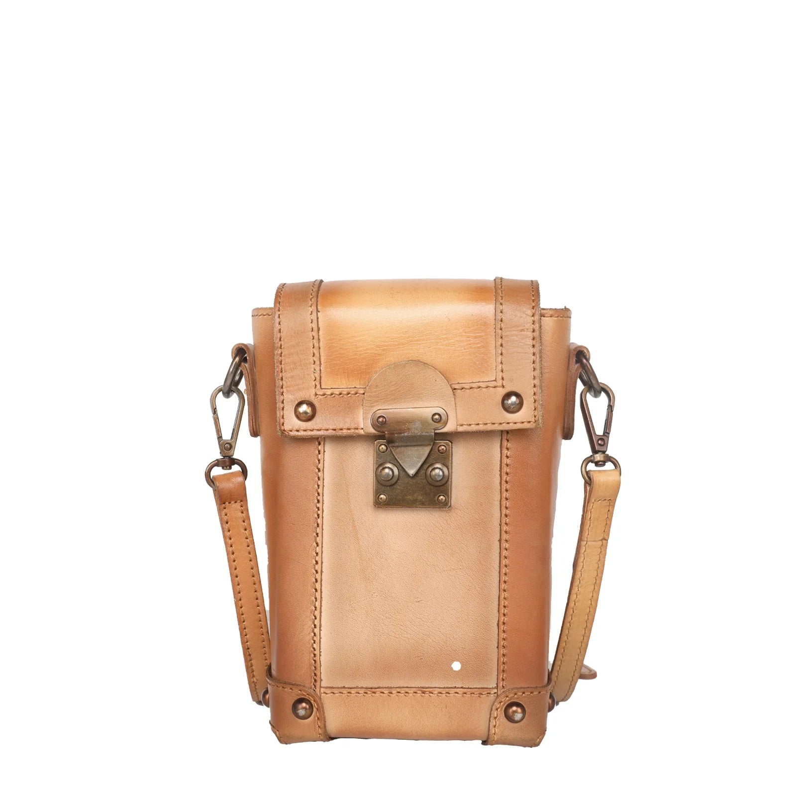 Tan leather crossbody bag with metal accents on a white background