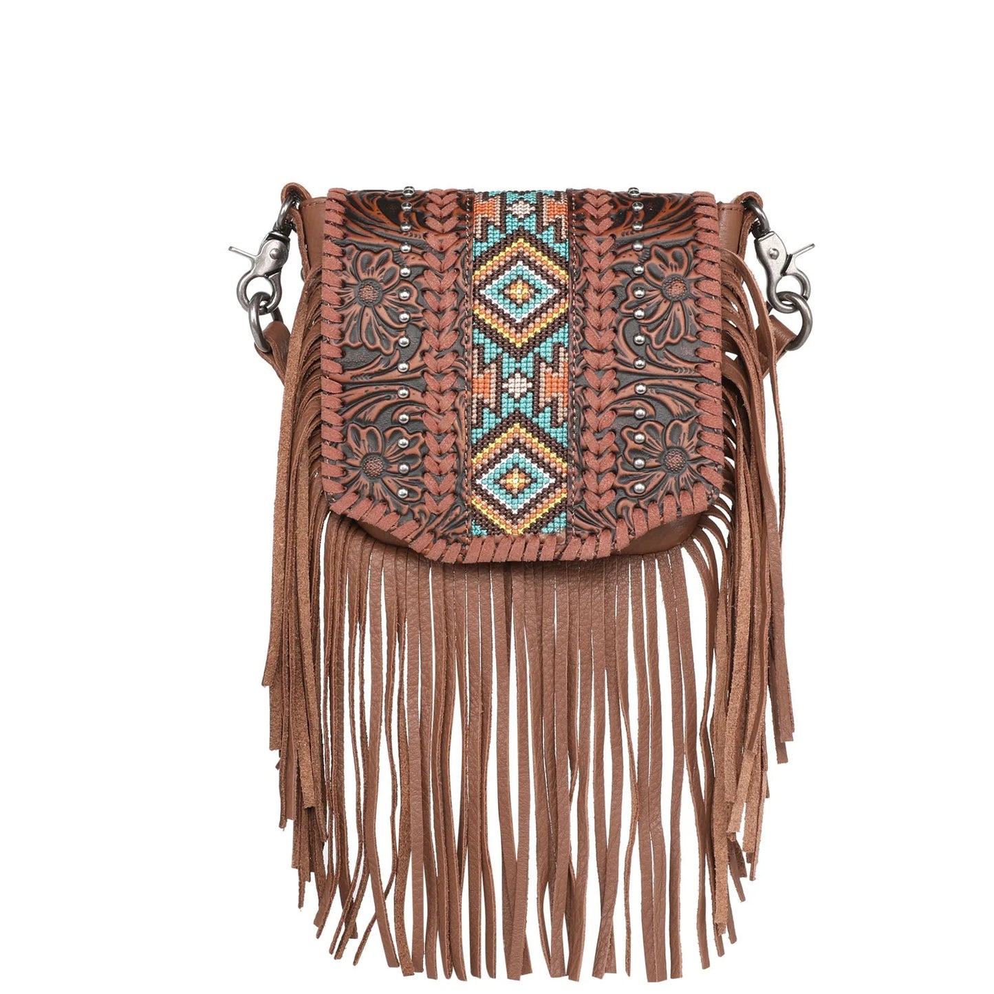 Montana West Genuine Leather Tooled Collection Fringe Crossbody