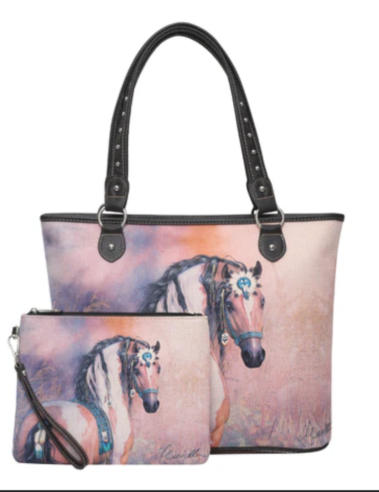 Montana West Horse Canvas Tote Bag with matching wristlet featuring western horse design and durable canvas material