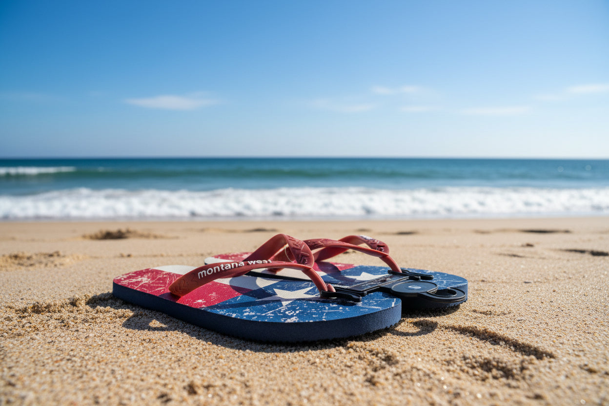 Red, white, and blue flip-flops with 'San Diego' branding on a textured surface.