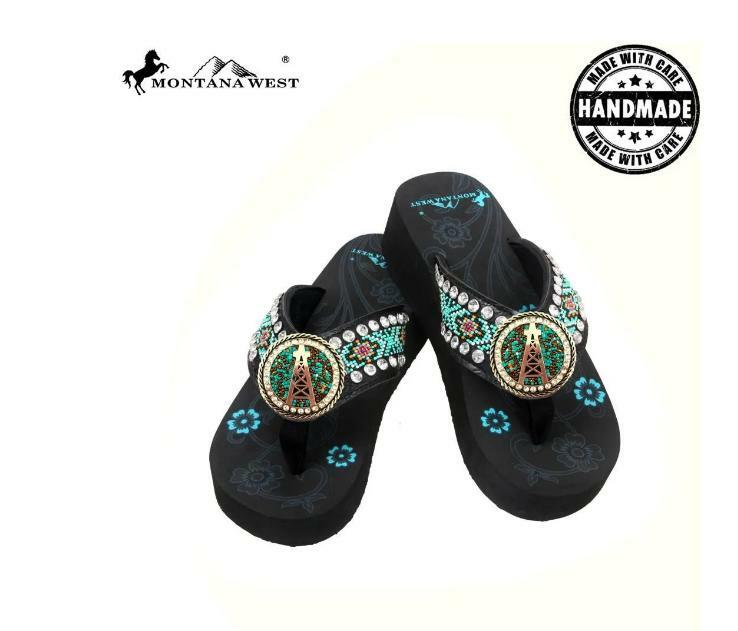 Black sandals with decorative straps featuring beads on a white background, branded as Montana West.