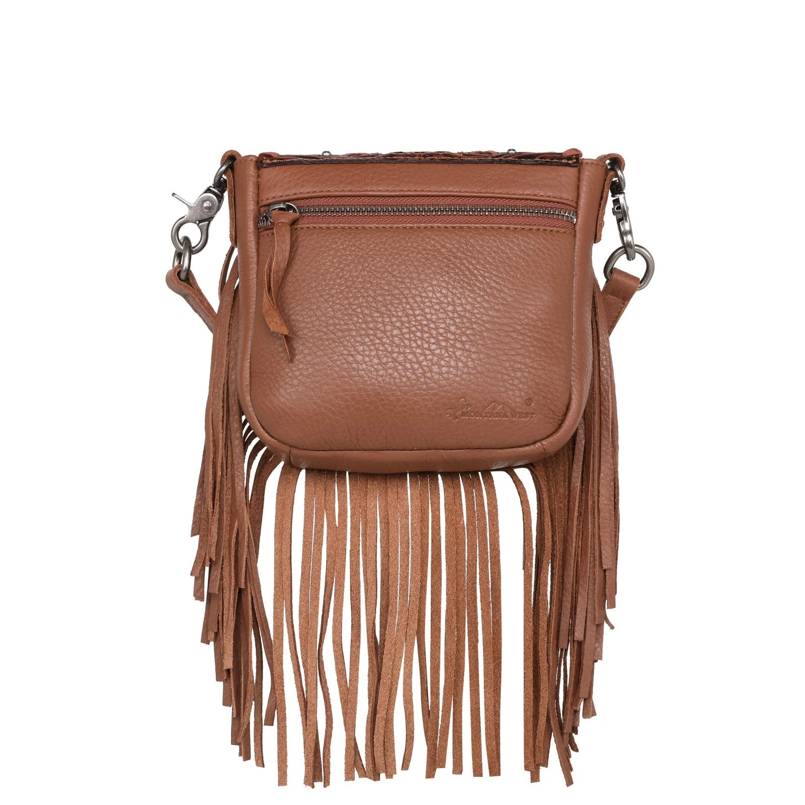 Montana West Genuine Leather Tooled Collection Fringe Crossbody