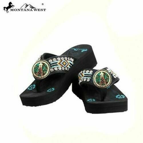 Close-up of oil derrick concho and floral Montana West logo on sole of platform flip flops final clearance
