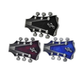 Three guitar bekt buckle 1 red, 1 blue1 black with a white background
