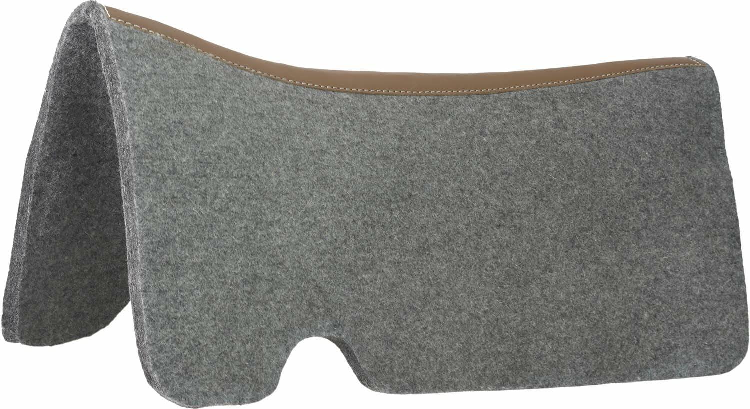 Gray horse saddle pad with brown border on a white background