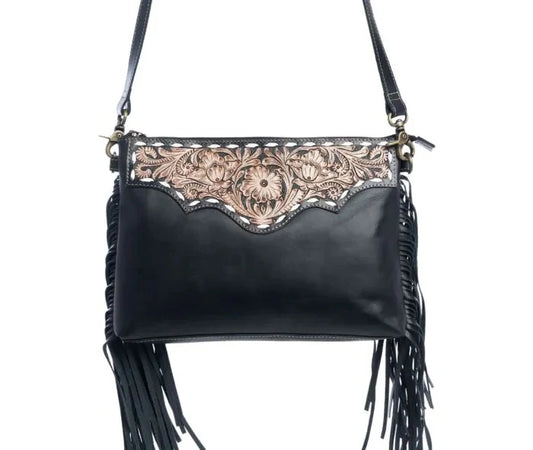 Myra Chaparral Ridge Hand-Tooled Shoulder Bag in Coal