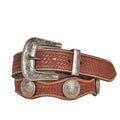 A brown, hand-tooled leather belt with a silver-colored classic buckle and decorative silver-coin embossments.