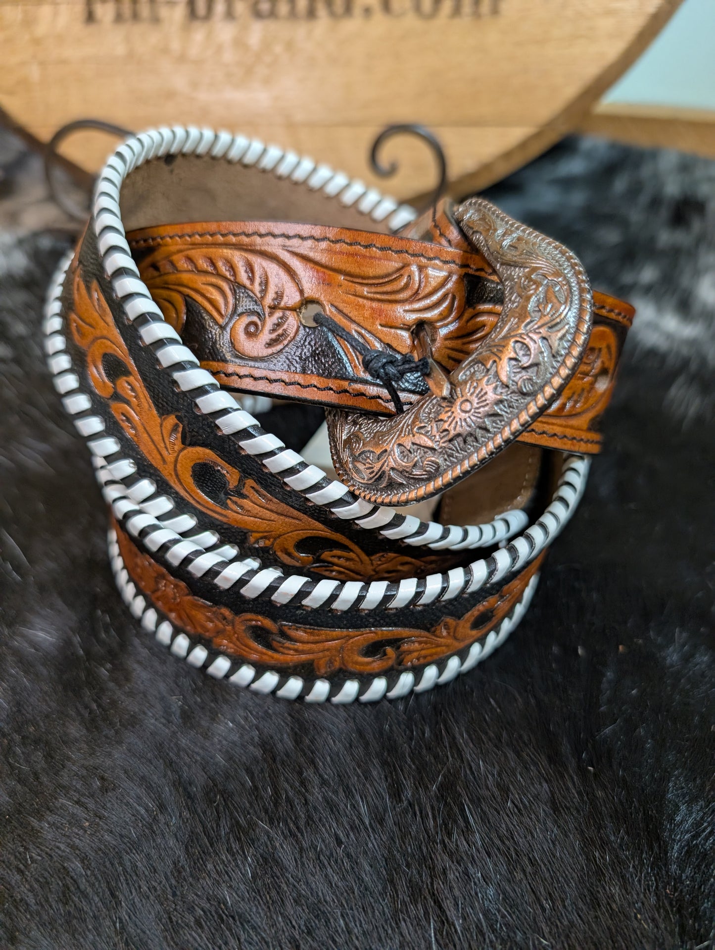 Myra Grave Brown Hand-Tooled Leather Belt