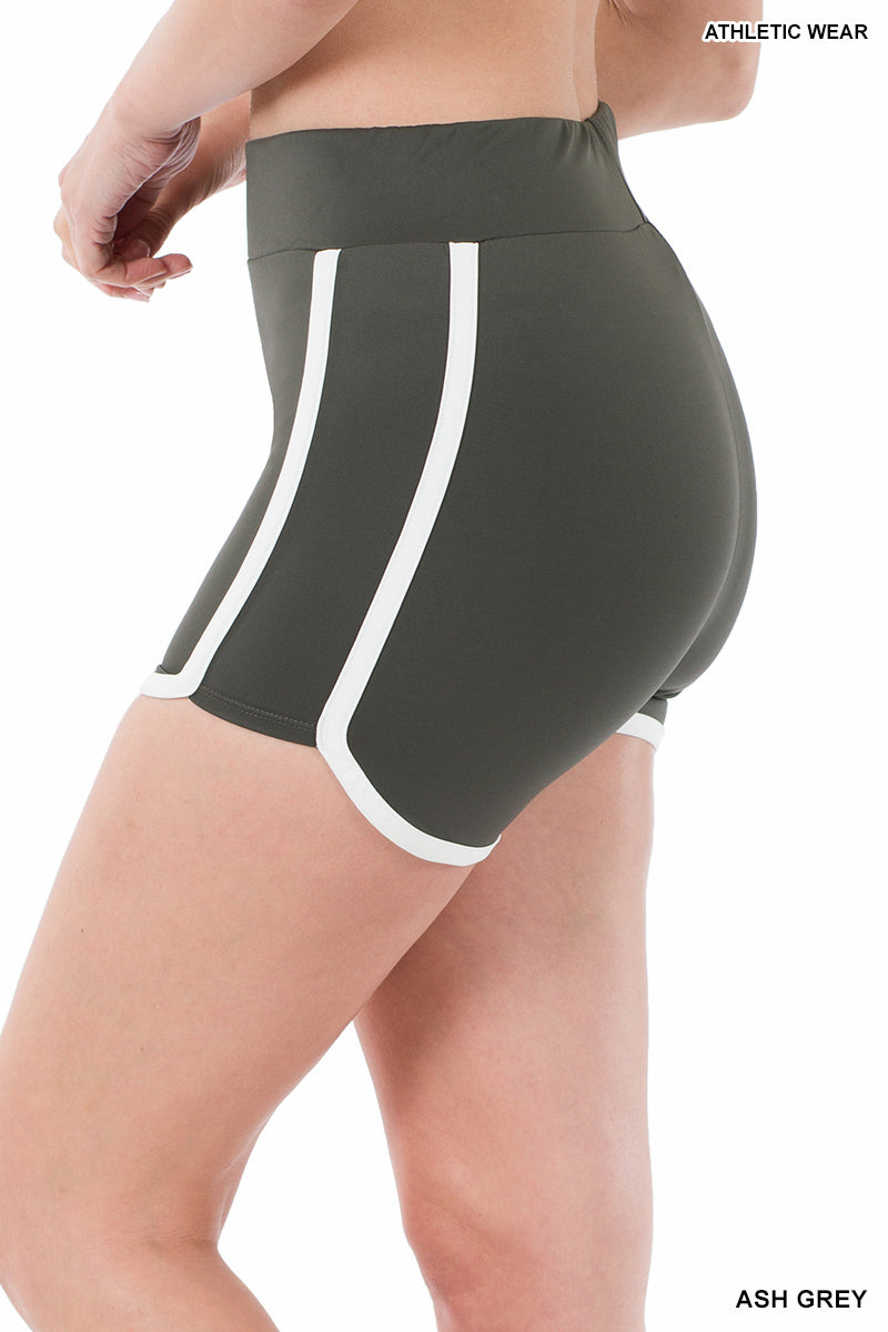Athletic shorts in ash grey with white stripes on a white background