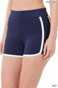 Navy athletic shorts with white trim on a plain background