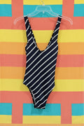 navy and white striped one piece bathing suit