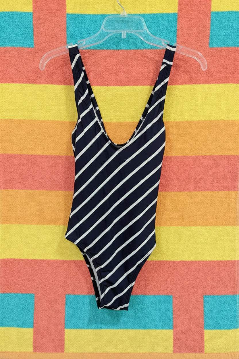 navy and white striped one piece bathing suit