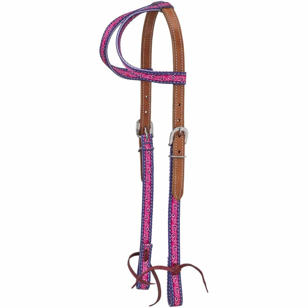 Horse bridle with pink and purple pattern on a white background