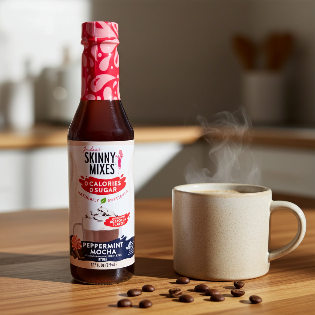Jordan's Skinny Mix Naturally Sweetened Peppermint Mocha Syrup bottle next to a hot mug of coffee and coffee beans