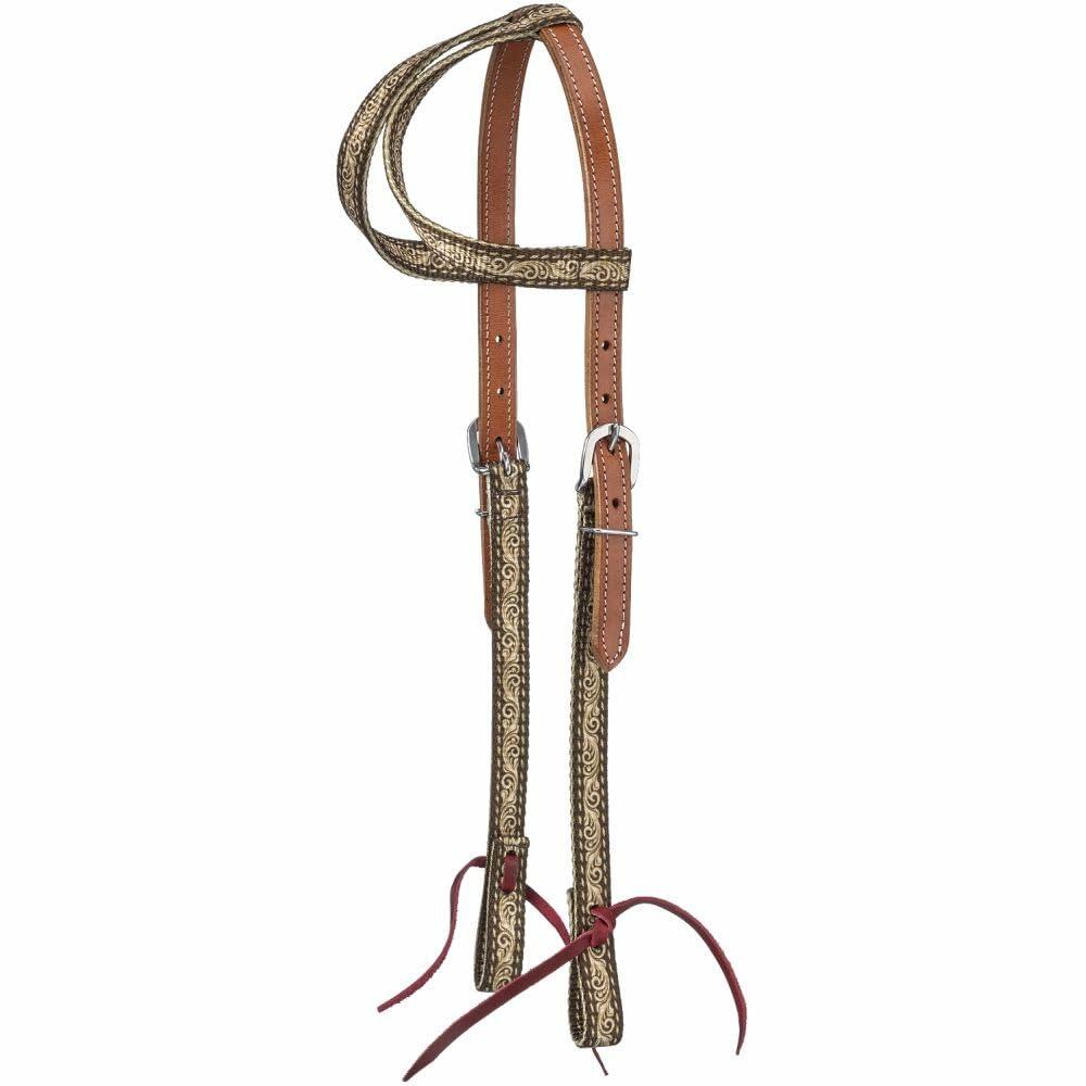 Horse bridle with intricate design on a white background