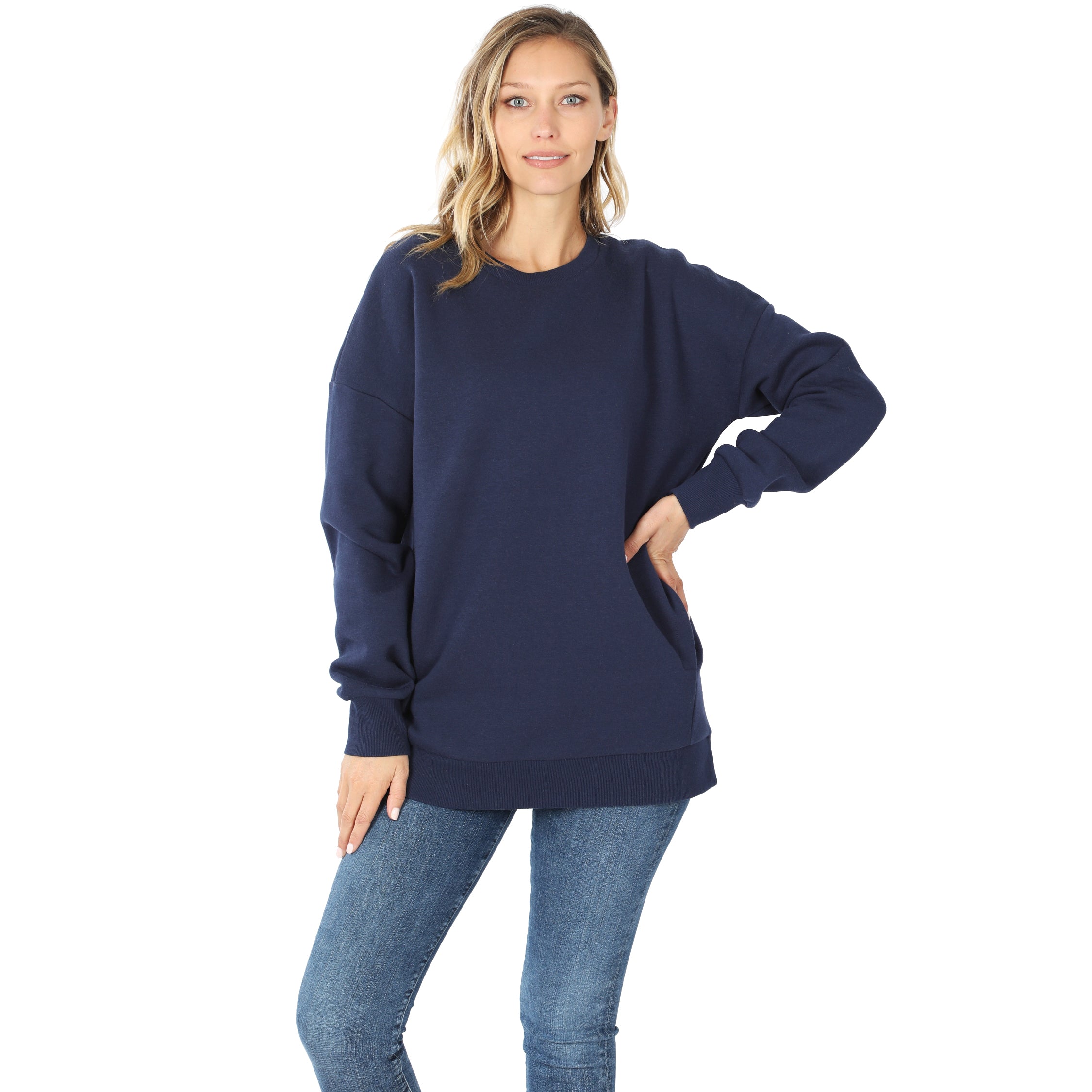 Zenana Long Sleeve Round Neck Sweatshirt with Pockets