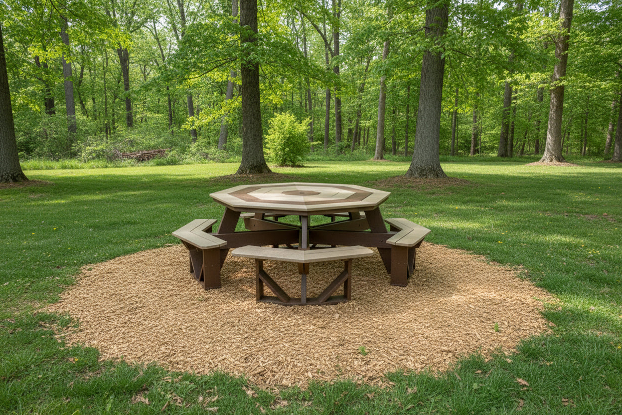 Octagonal picnic table with brown and beige design on a grassy area.