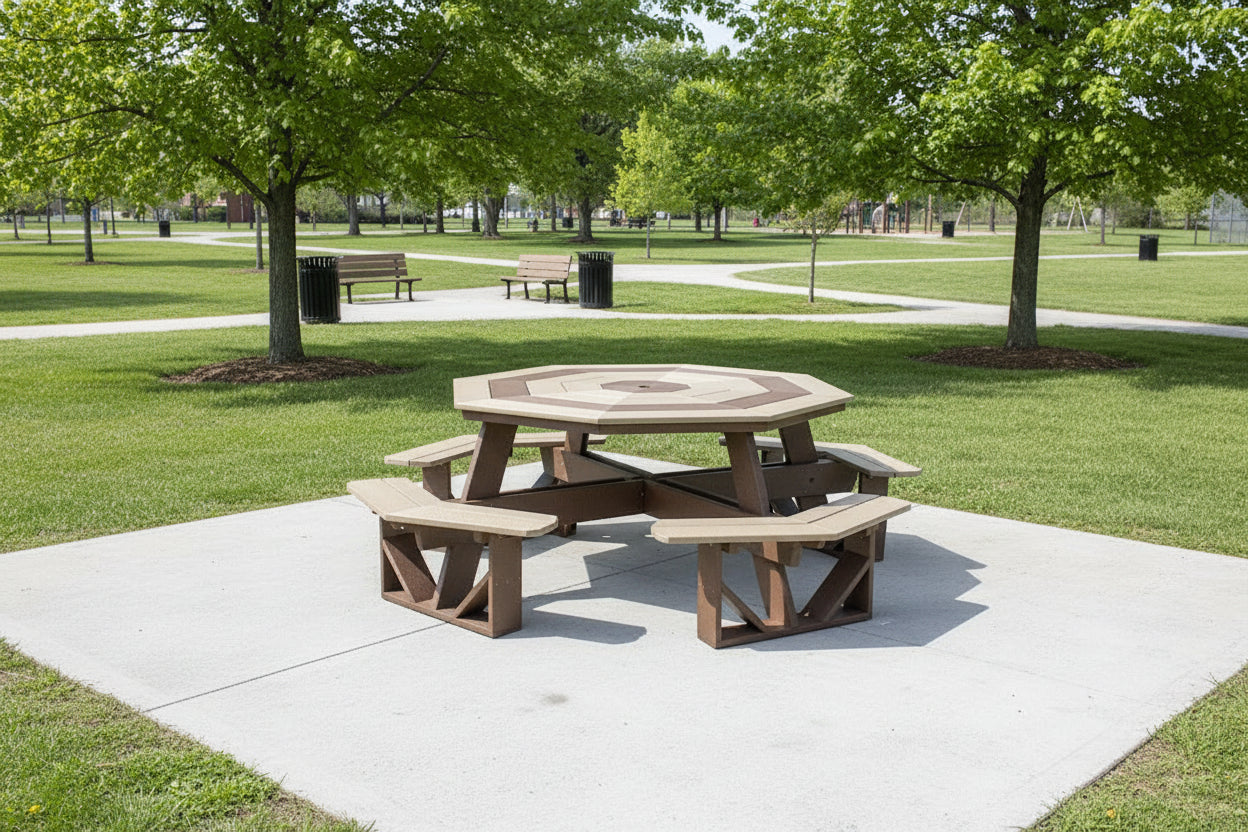 Octagonal picnic table with benches in a park setting