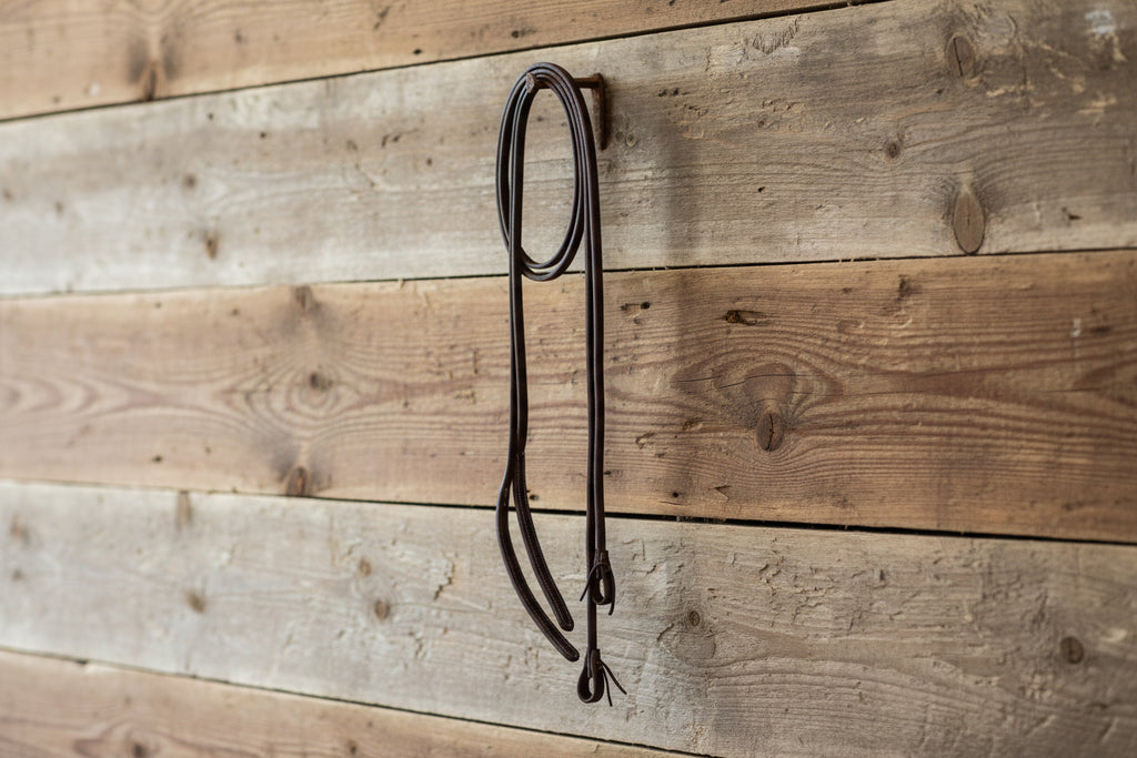Brown leather rein on a barn nail with wood background