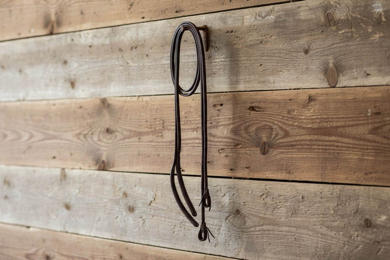 Brown leather rein on a barn nail with wood background