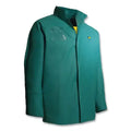 A teal green utility rain jacket with a high collar, front zipper, a clear plastic chest pocket