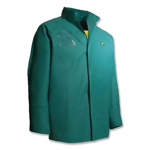 A teal green utility rain jacket with a high collar, front zipper, a clear plastic chest pocket