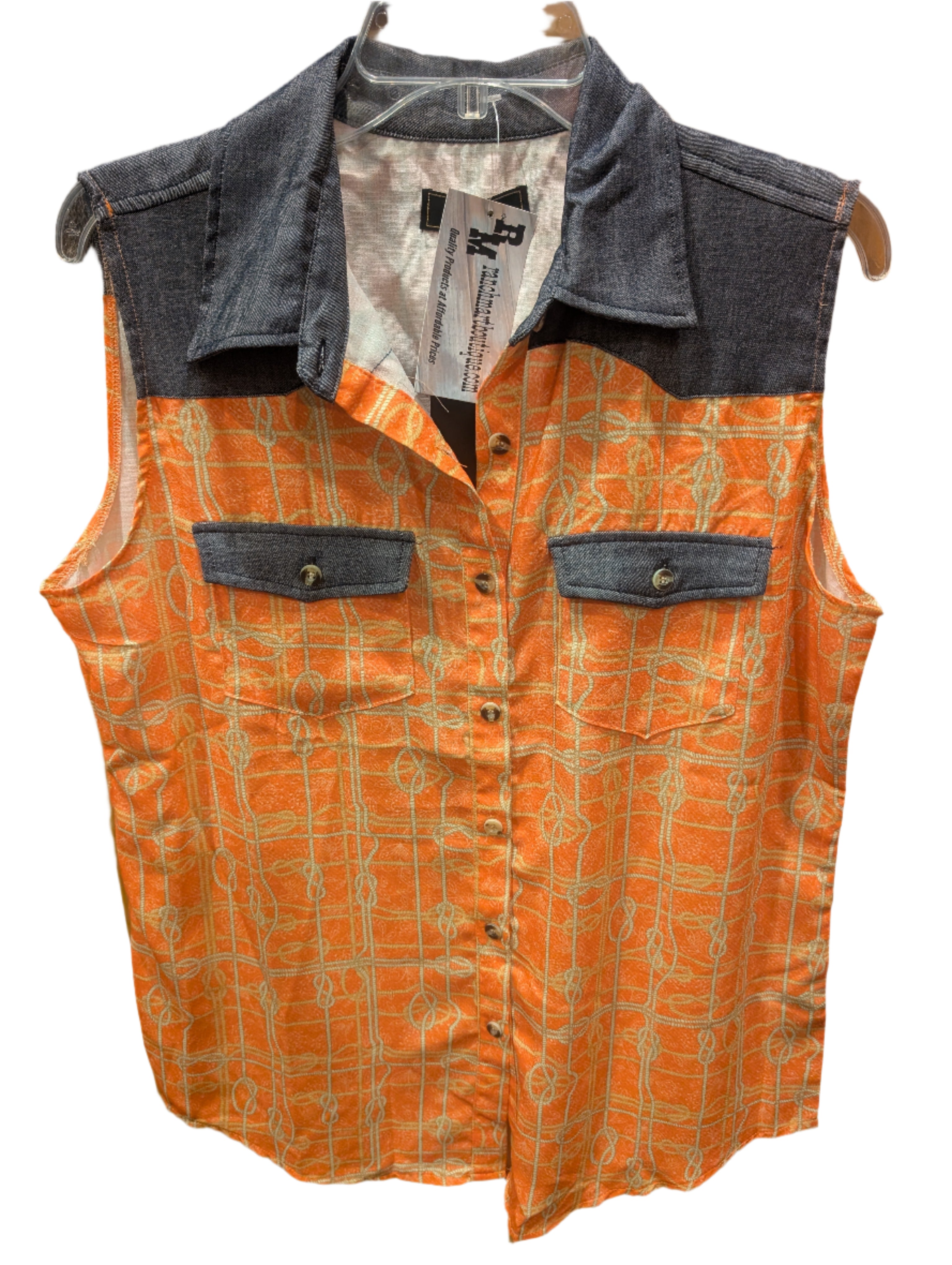 Sleeveless orange women’s top with rope print and denim shoulder accents, featuring two front pockets.