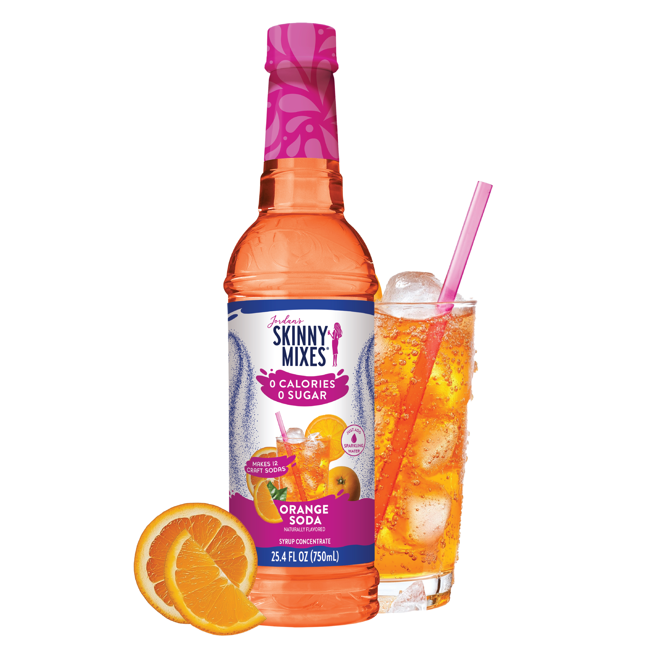 Skinny Mixes Orange Soda bottle with a glass of orange soda and ice, surrounded by orange slices on a white background.