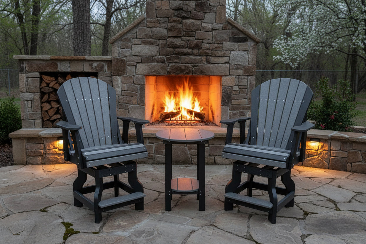 two gray and black swivel chairs and table by a fire. 