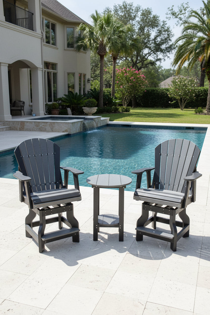 two gray and black patio swivel chairs and a table buy a pool