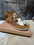 Outwoods Walk-8 cowprint fringe casual shoes in beige combo displayed on wood stand
