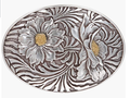 Decorative metal belt buckle with sunflower design on a white background