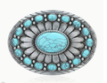 Belt buckle with turquoise stones and silver detailing on a white background