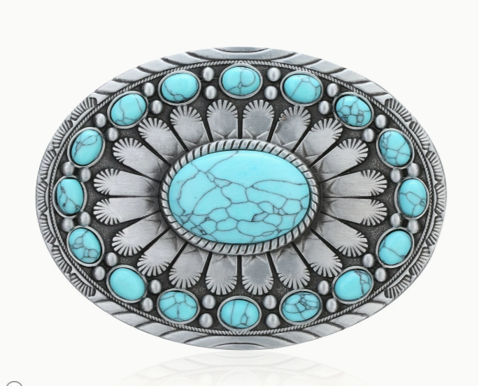 Belt buckle with turquoise stones and silver detailing on a white background