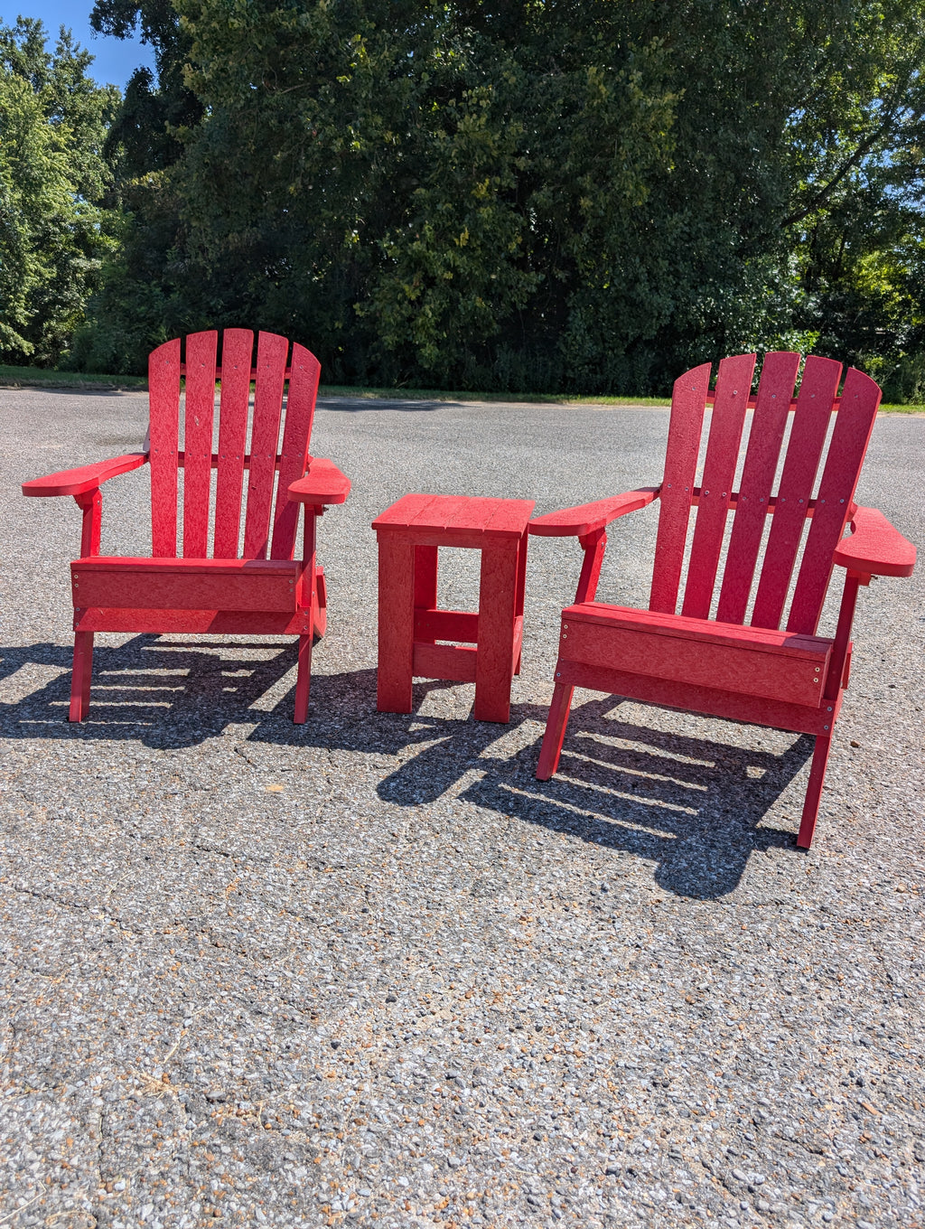 Final Clearance – Buy 2 Red Folding Adirondack Chairs, Get the Matching Table FREE!