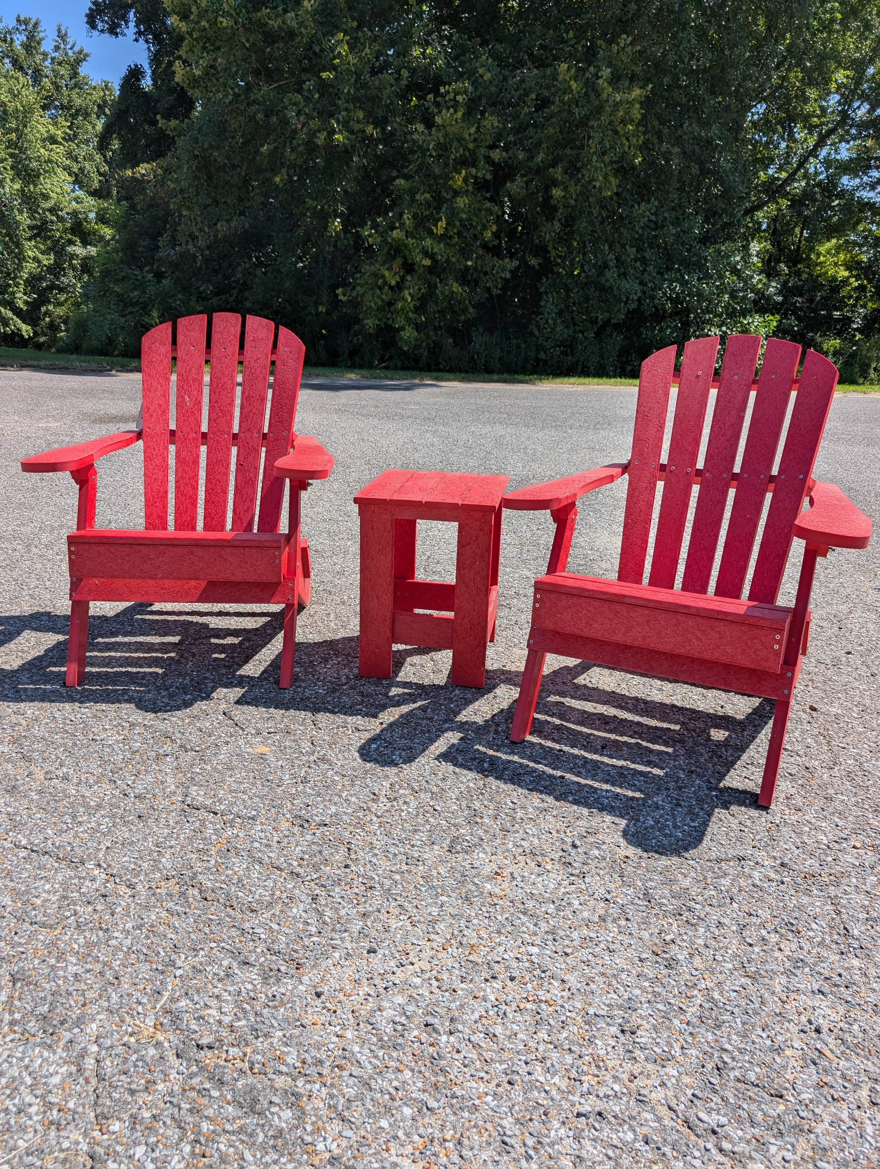 Final Clearance – Buy 2 Red Folding Adirondack Chairs, Get the Matching Table FREE!
