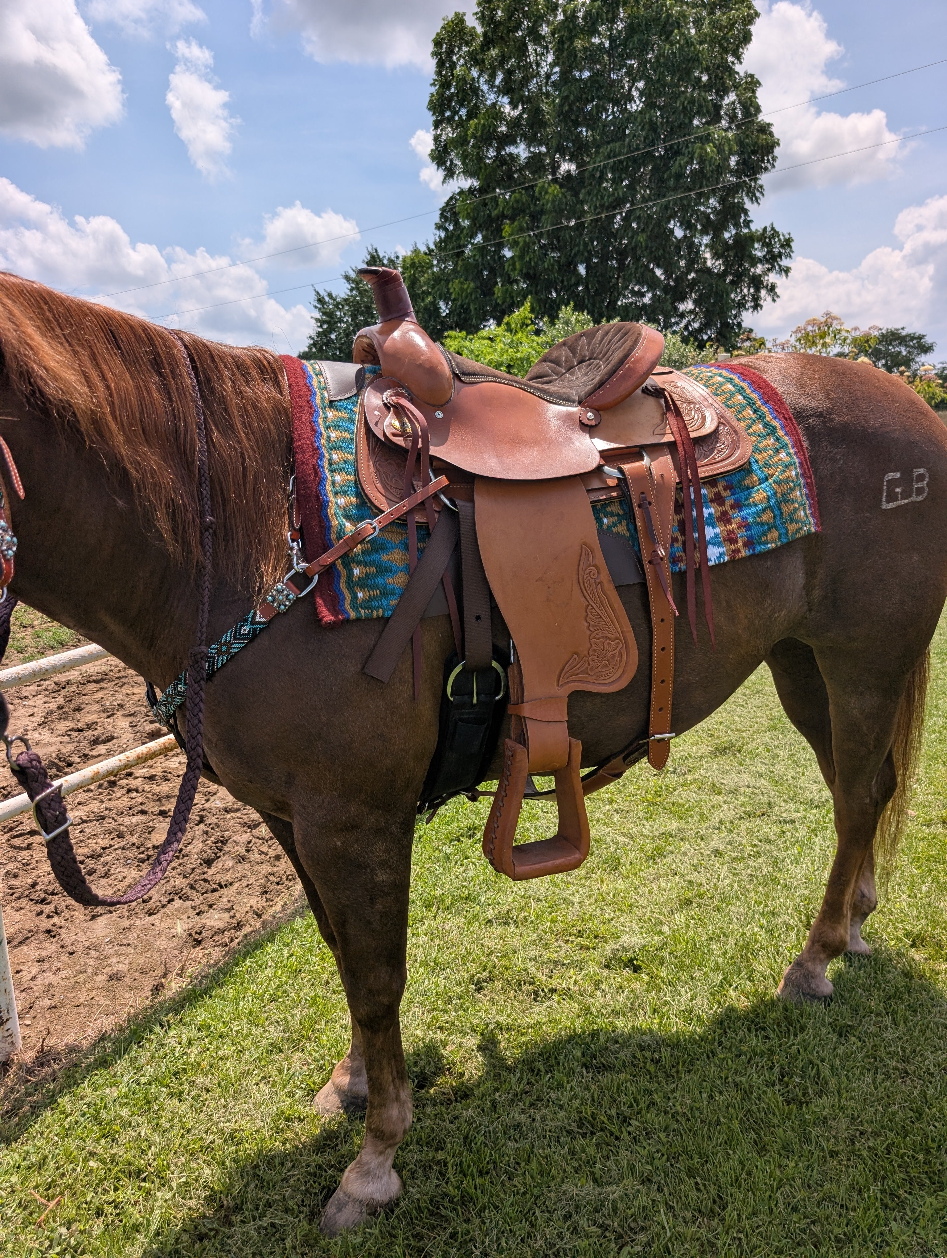 16-inch Circle A roping saddle made from genuine leather with 6.5-inch gullet, classic tooling, and deep seat for roping and ranch work.