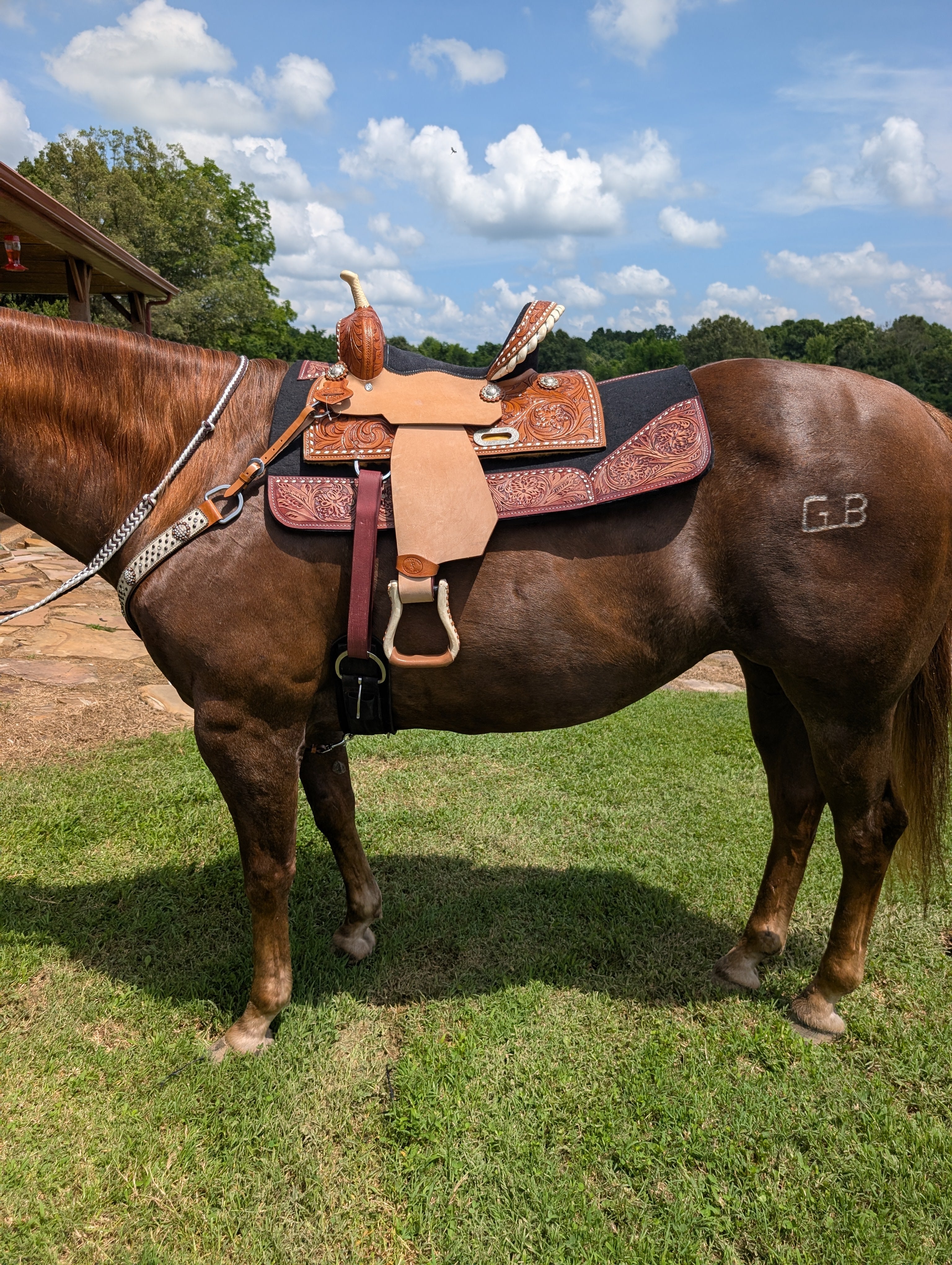 12-inch Stockyard Saddlery high back barrel saddle with buckstitch trim and 7-inch gullet, fits a horse – saddle only for sale.