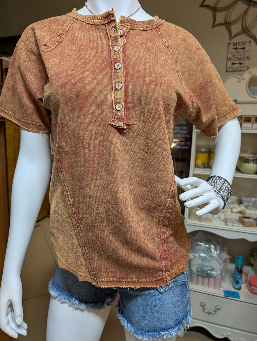 Zenana Crinkled Washed French Terry Henley Top – Button Front & Cozy Feel