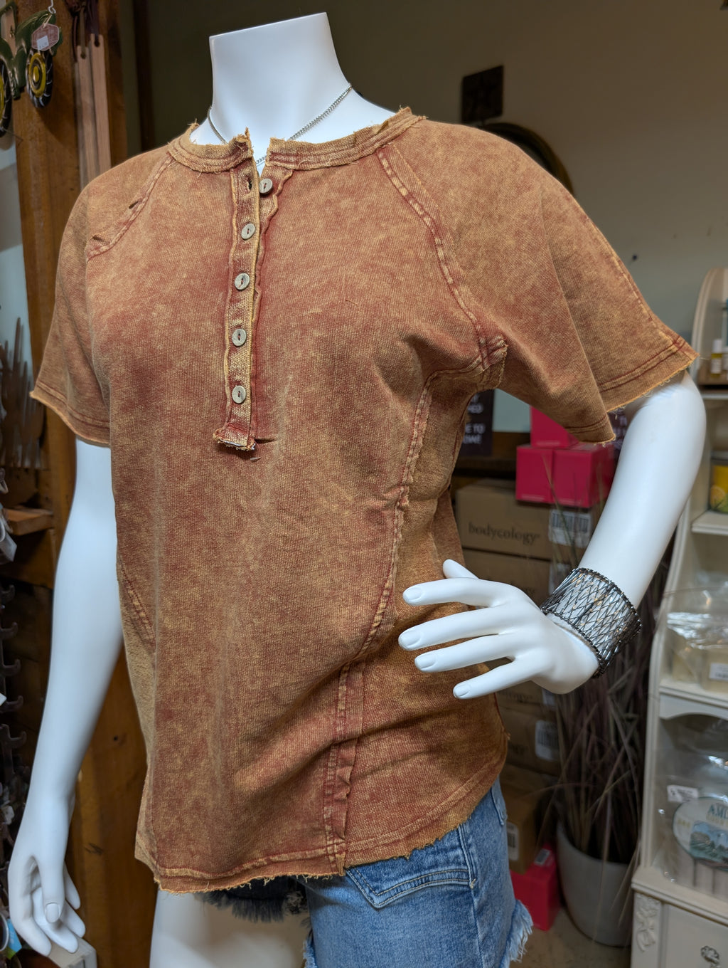 Zenana Crinkled Washed French Terry Henley Top – Button Front & Cozy Feel