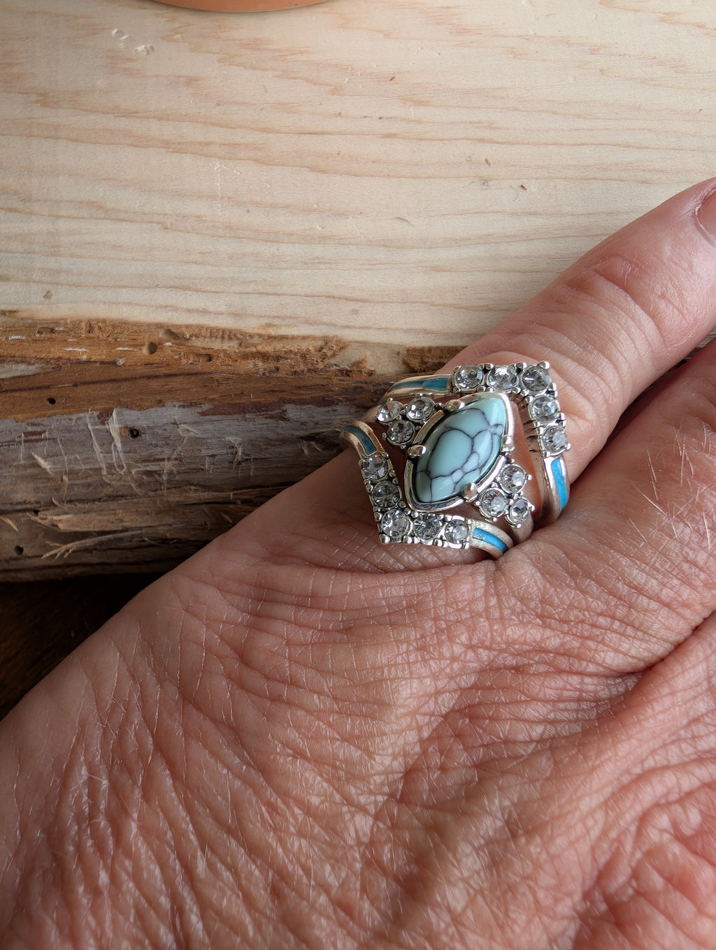 "Stackable synthetic turquoise rings in elegant Western style"

