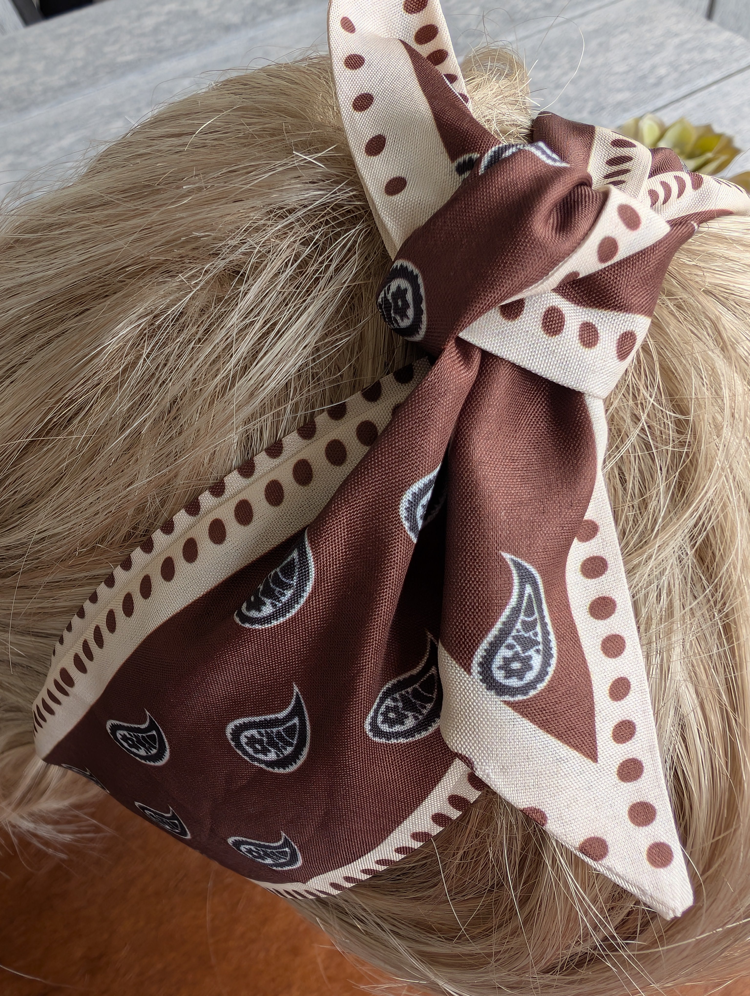 "Boho cowgirl headwrap with classic brown bandana print"