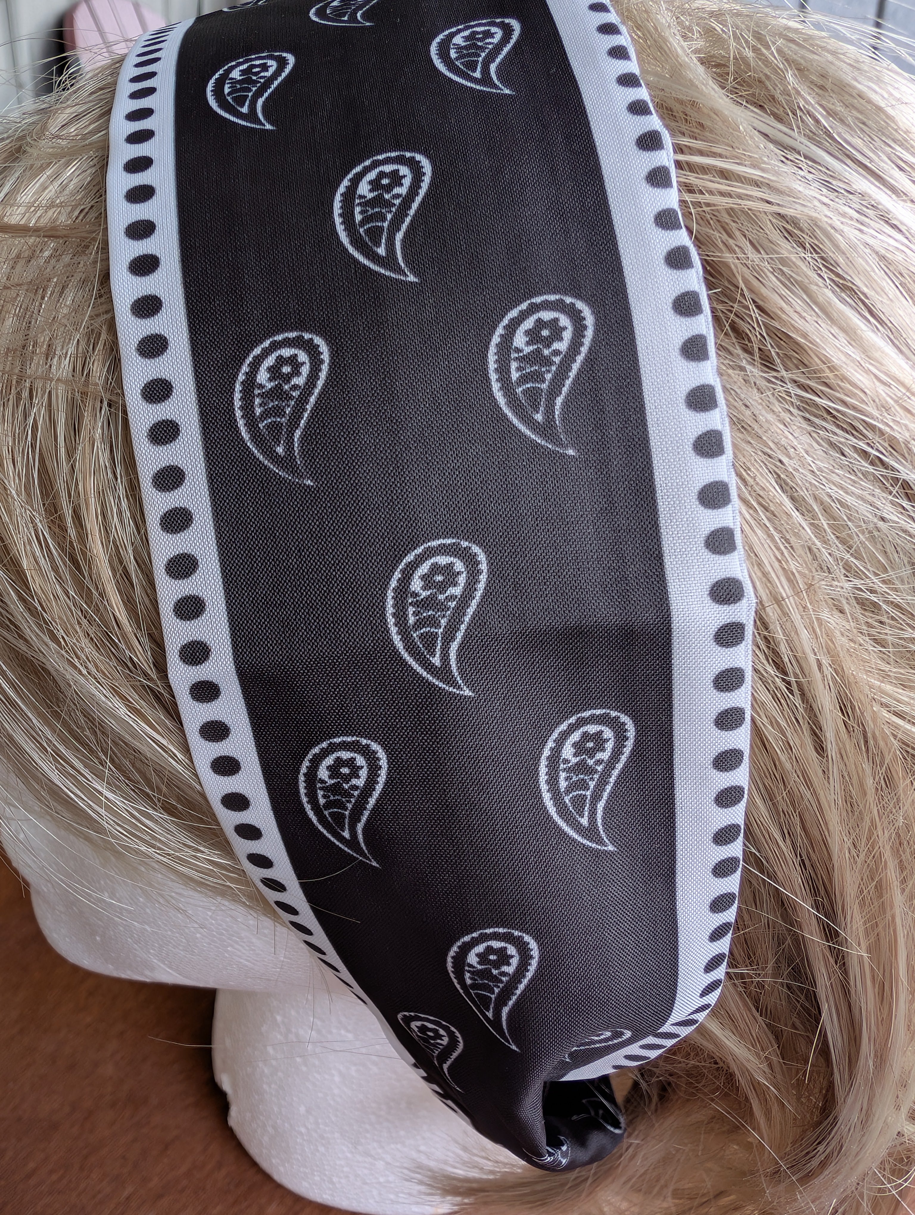 "Boho cowgirl headwrap with classic black and white bandana print"

