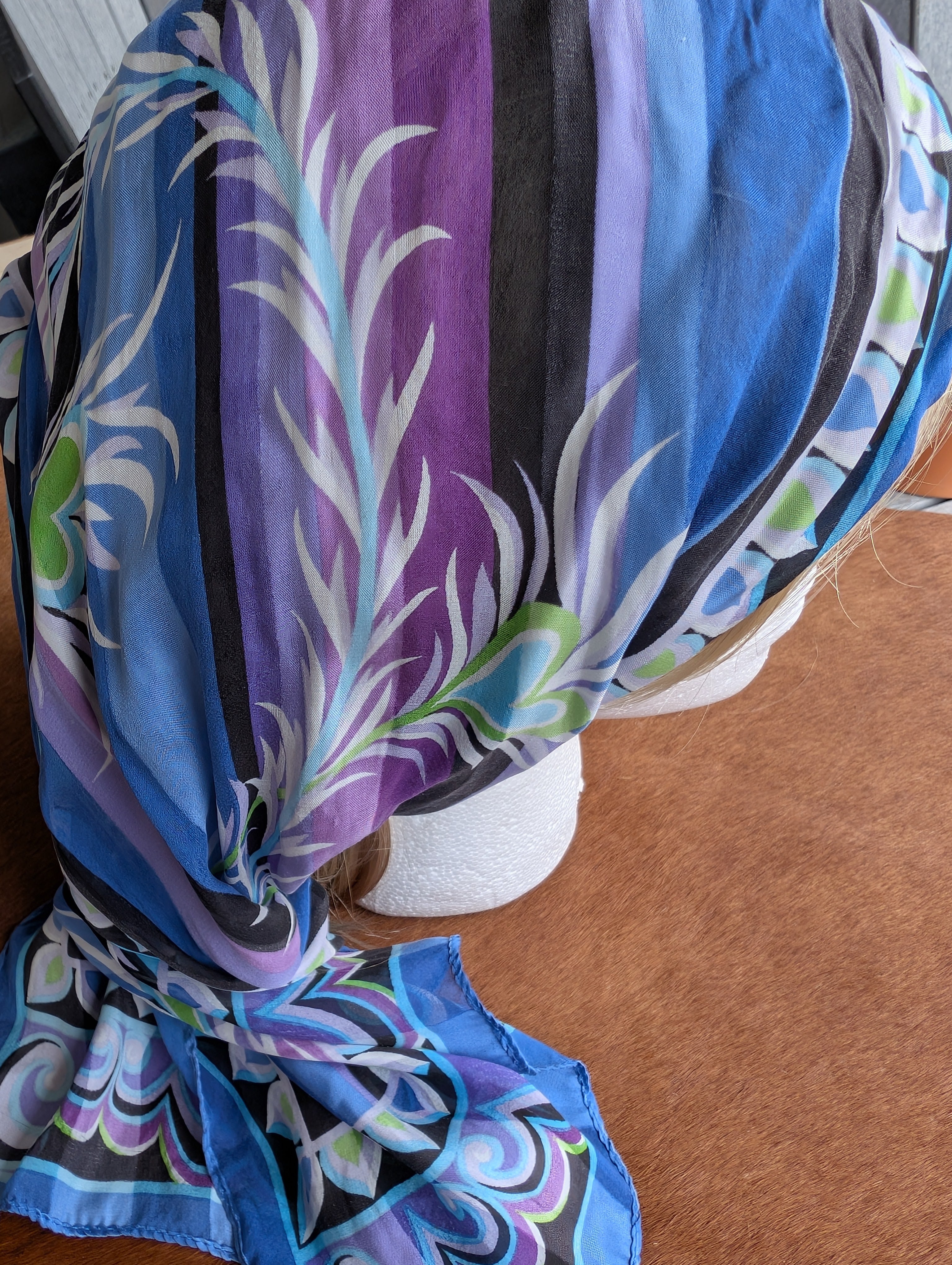 "Vibrant Bob Mackie silk scarf for bold western style"
