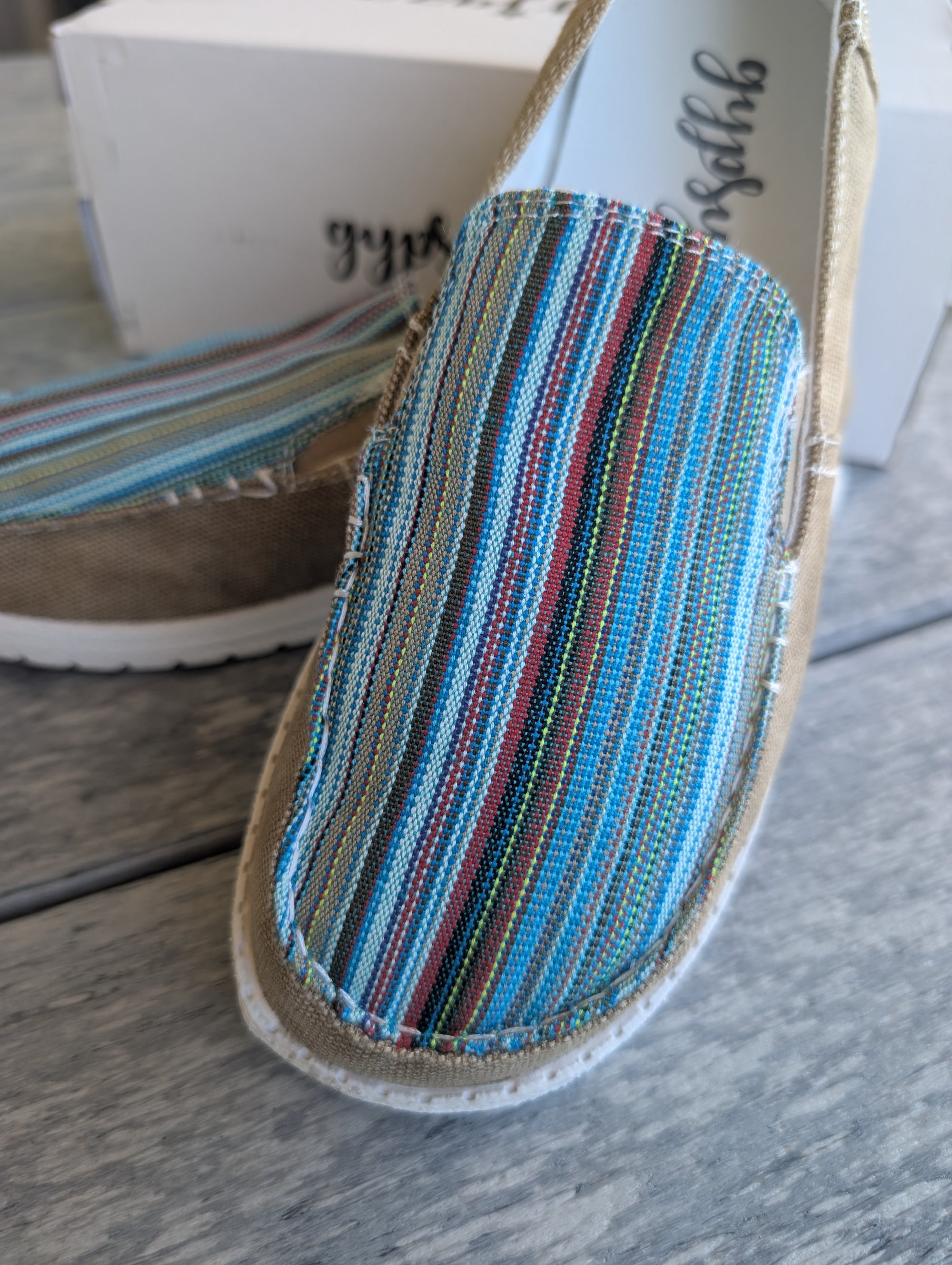 Final Clearance – Gypsy Jazz Tan Turquoise Bronco Women's Slip-On Shoes Size 8