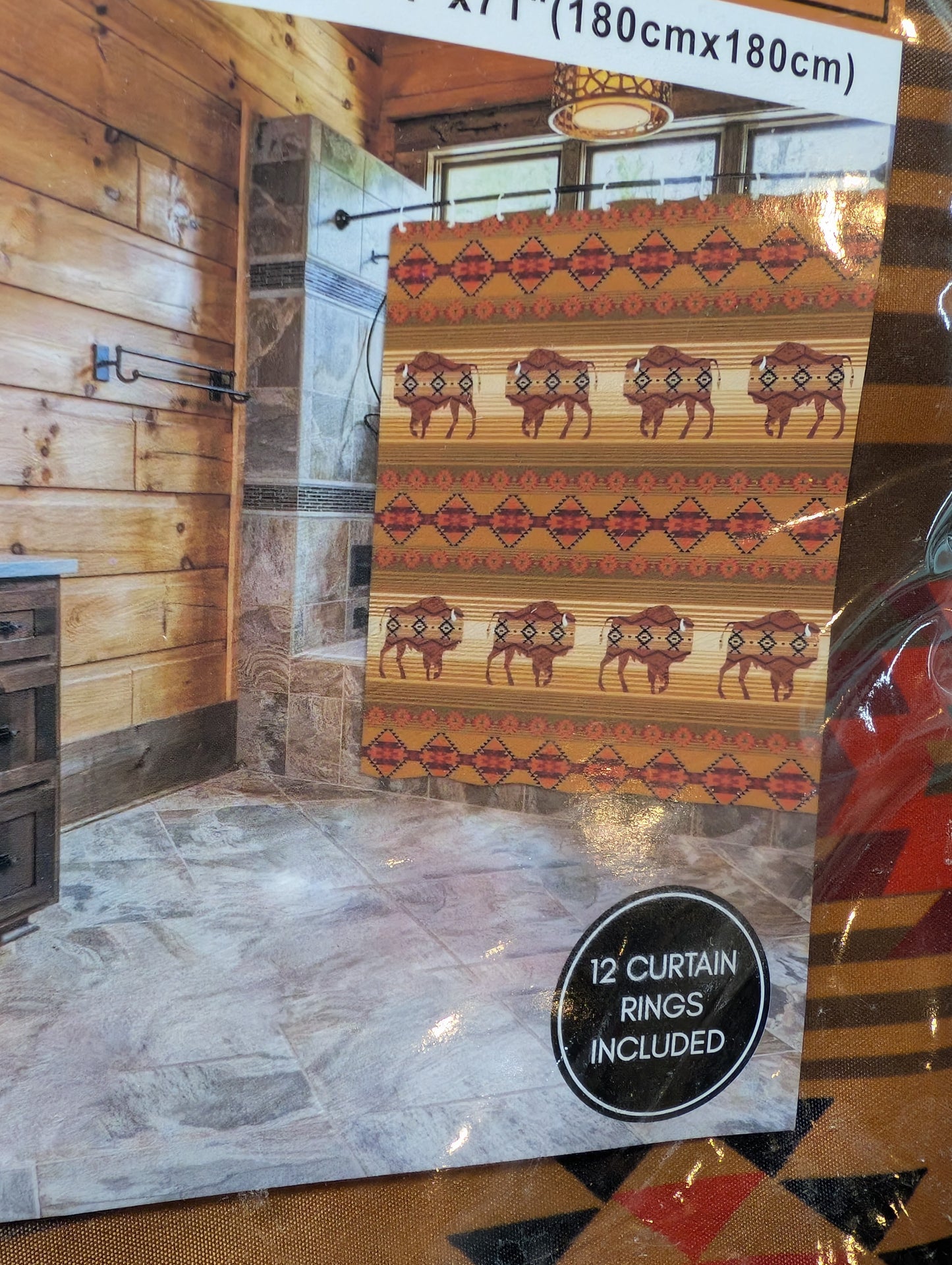 Cowboy-themed western shower curtain in tan and brown hues, adding farmhouse charm to bathroom space.