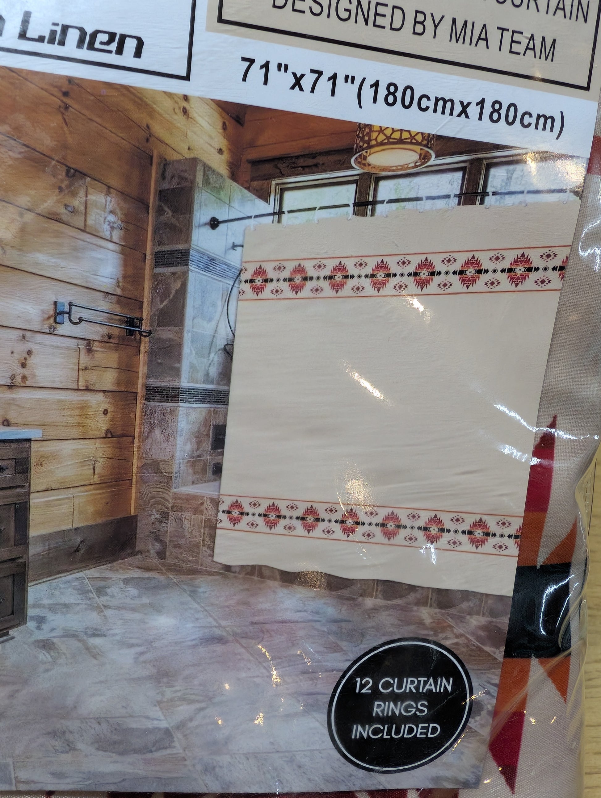 Southwestern western shower curtain draped in a rustic bathroom, featuring durable polyester fabric and metal rings.