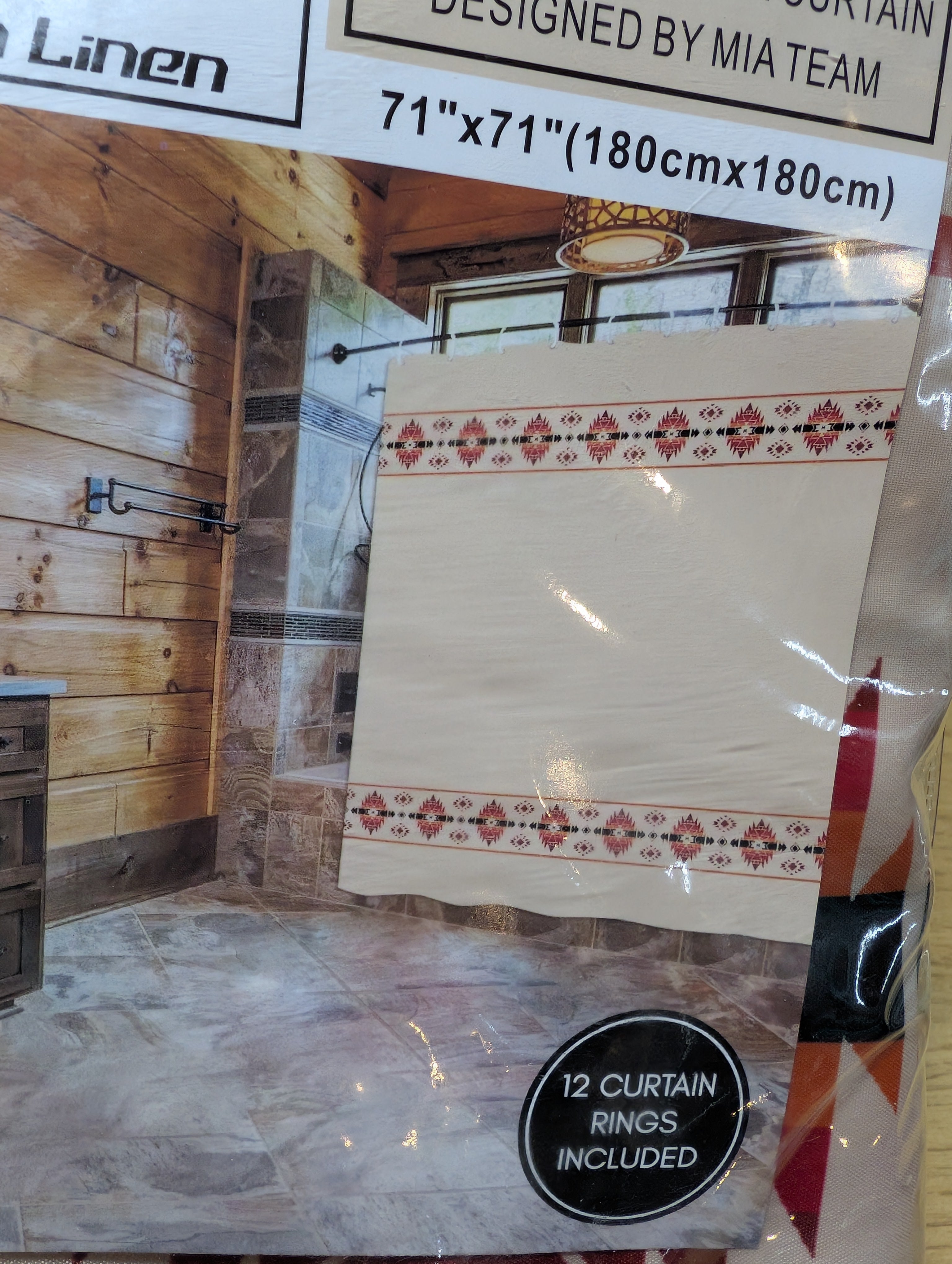 Southwestern western shower curtain draped in a rustic bathroom, featuring durable polyester fabric and metal rings.